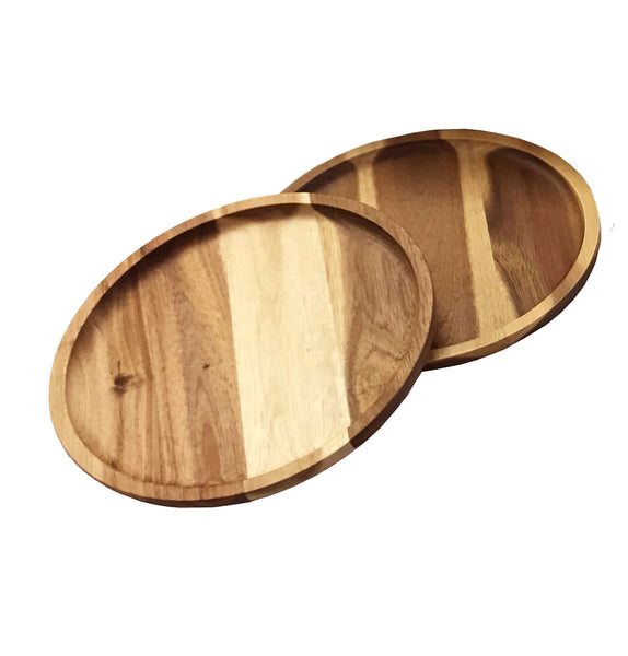 [ Set of 3 ] Zavis Green Acacia Wood Round Stackable Plate / Platter 14" | Dishwasher Safe