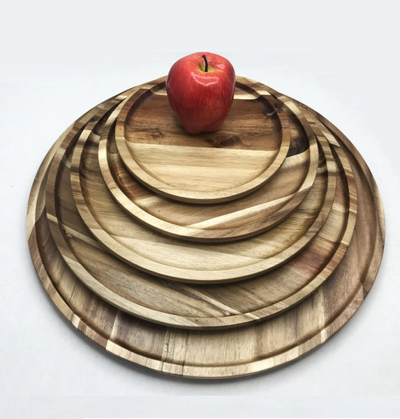 [ Set of 3 ] Zavis Green Acacia Wood Round Stackable Plate / Platter 16" | Dishwasher Safe