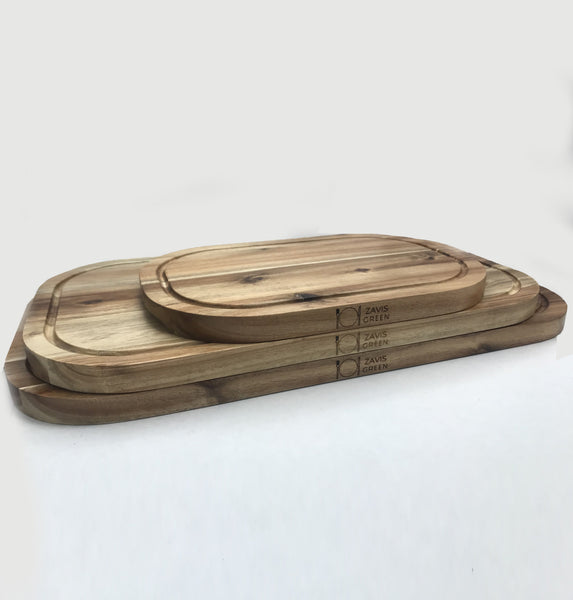 [ Set of 3 ] Zavis Green Acacia Wood Serving Rounded Cutting Board With Juice Groove 20" X 11" | Dishwasher Safe