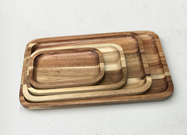 [ Set of 6 ] Zavis Green Acacia Wood Serving rectangle Stackable Tray / Dish 6" X 4" | Dishwasher Safe