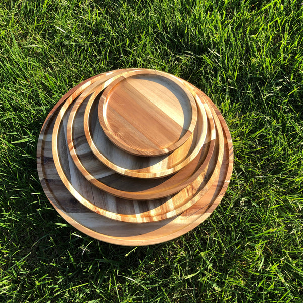 [ Set of 3 ] Zavis Green Acacia Wood Round Stackable Plate / Platter 8"  | Dishwasher Safe