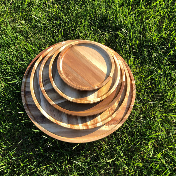 [ Set of 3 ] Zavis Green Acacia Wood Round Stackable Plate / Platter 16" | Dishwasher Safe