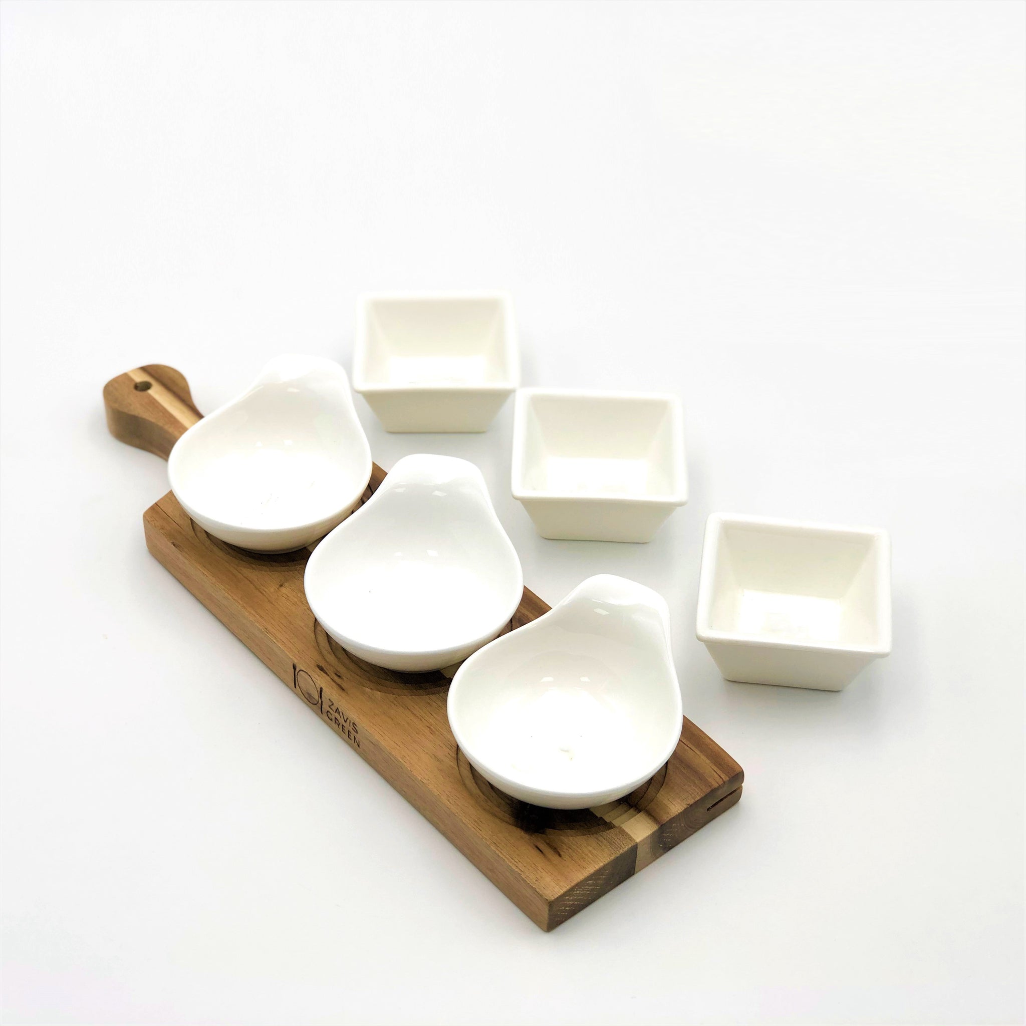 Acacia 3 hole Flight Board with Fine Porcelain round and square appetizer dish set  WL-555042